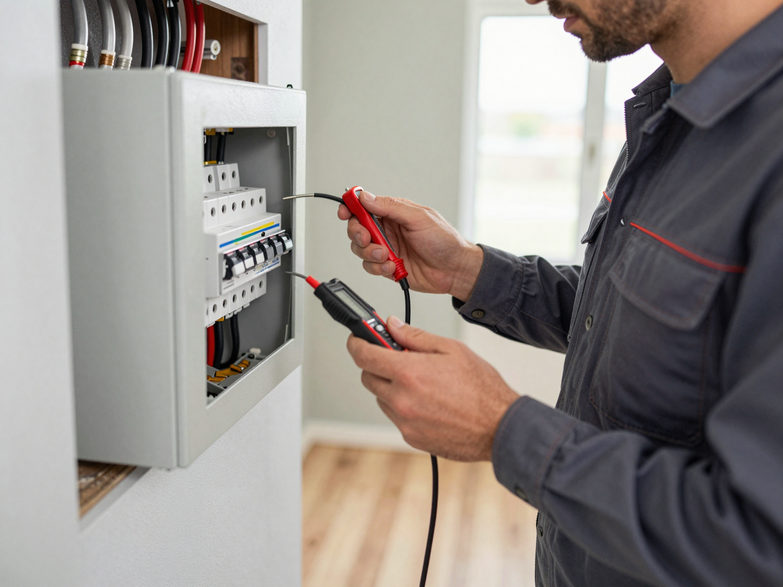 Electrician inspecting electrical panel